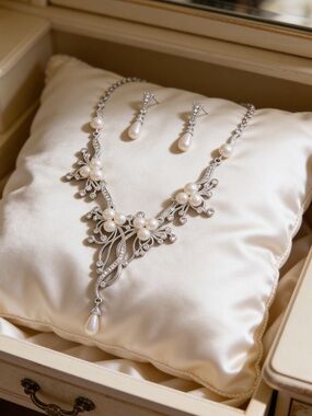 Elegant Floral Vine Pearl & Crystal Y-Drop Necklace Set